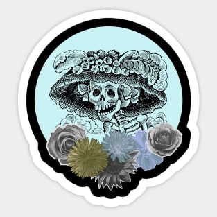 Halloween, Classic La Catrina, Pale Blue with Flowers Sticker